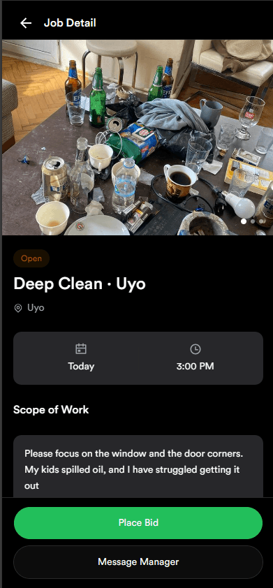Cleankadar job details screen with before photos